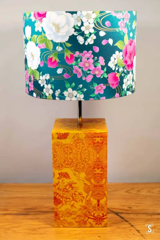 Double-Sided Drum Lampshade - 30cm - Blossoms - Chrysanthemum Arabesque - Pink/White/Teal - Lampshade