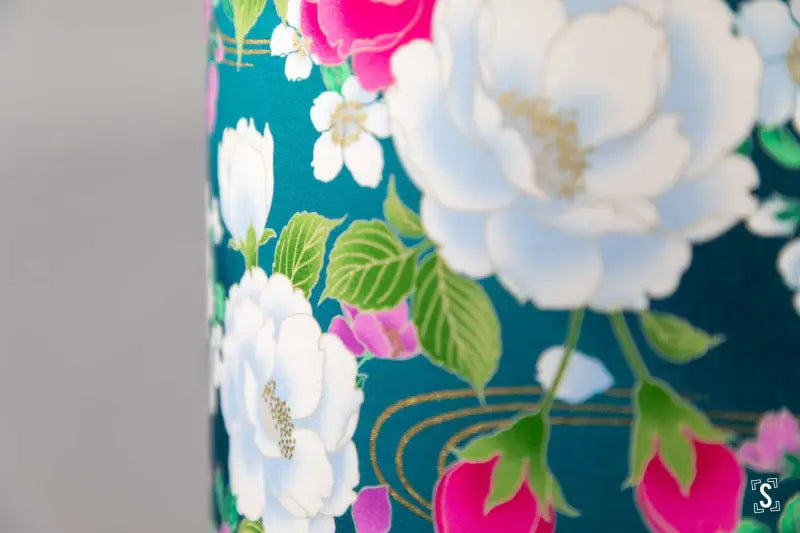 Double-Sided Drum Lampshade - 30cm - Blossoms - Chrysanthemum Arabesque - Pink/White/Teal - Lampshade