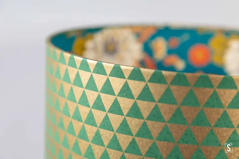 Double-Sided Drum Lampshade - 30cm - Triangles - Flowers - Green/Gold - Lampshade