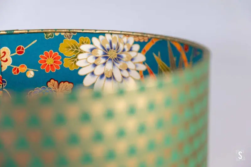 Double-Sided Drum Lampshade - 30cm - Triangles - Flowers - Green/Gold - Lampshade