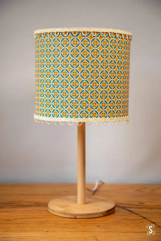 Lampshade - Drum - 20cm - Flower Ornament - Blue/Yellow - Loop Trim - Lampshade