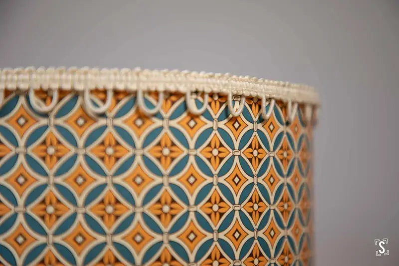 Lampshade - Drum - 20cm - Flower Ornament - Blue/Yellow - Loop Trim - Lampshade