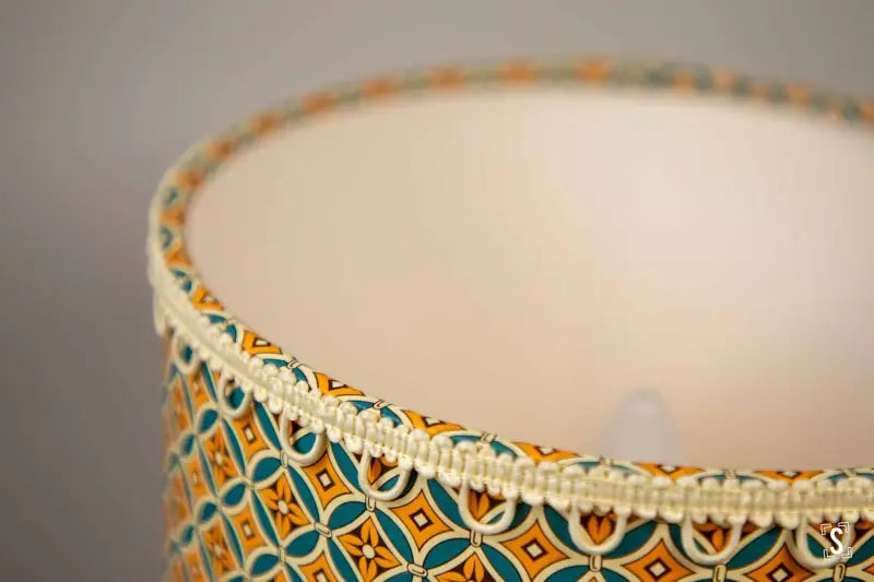 Lampshade - Drum - 20cm - Flower Ornament - Blue/Yellow - Loop Trim - Lampshade