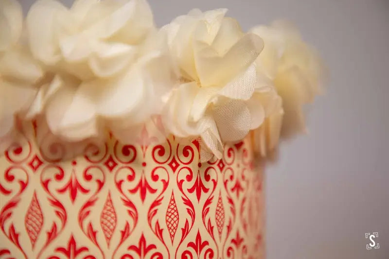 Lampshade - Drum - 20cm - Spindle in Ornament - Red - Flower Trim - Lampshade