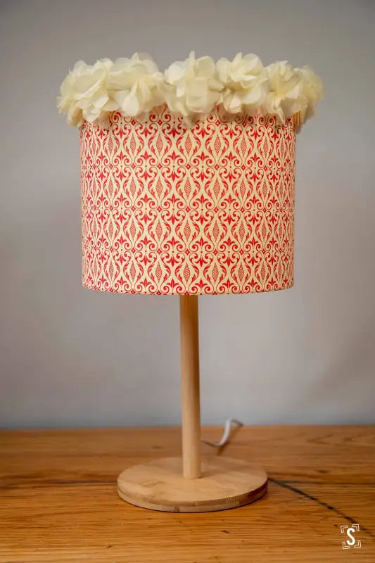 Lampshade - Drum - 20cm - Spindle in Ornament - Red - Flower Trim - Lampshade