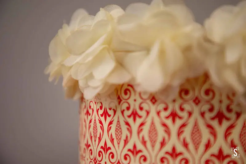 Lampshade - Drum - 20cm - Spindle in Ornament - Red - Flower Trim - Lampshade