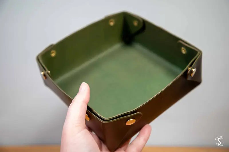Leather Clutter Keeper - 16cm x 16cm - Antique Brass Fasteners - Olive - Leathercraft