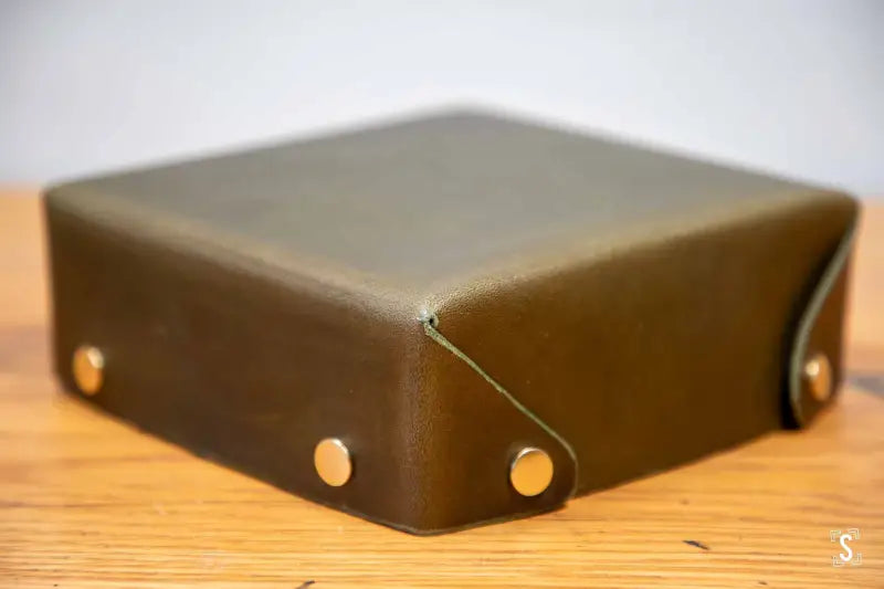 Leather Clutter Keeper - 16cm x 16cm - Antique Brass Fasteners - Olive - Leathercraft