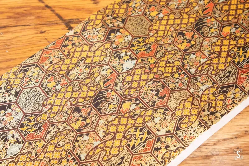 Intricately patterned Japanese Chiyogami rug with warm colors and floral geometric designs