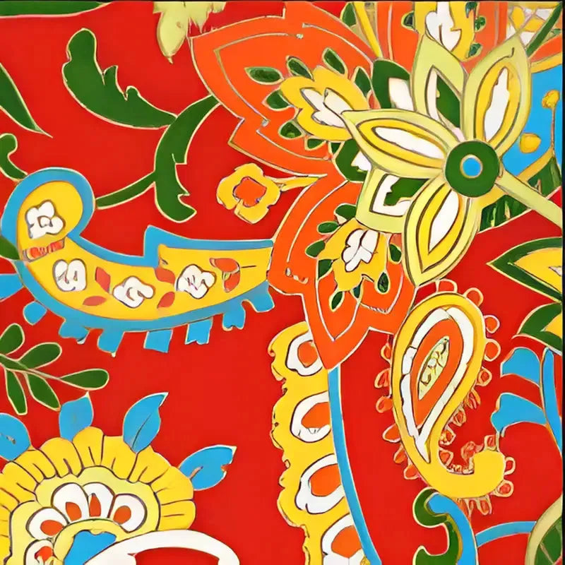 Vibrant floral and paisley pattern on red background in Japanese Chiyogami prints