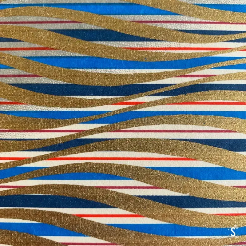 Abstract wavy stripes in gold, blue, white, and red on Japanese Chiyogami lampshade strip