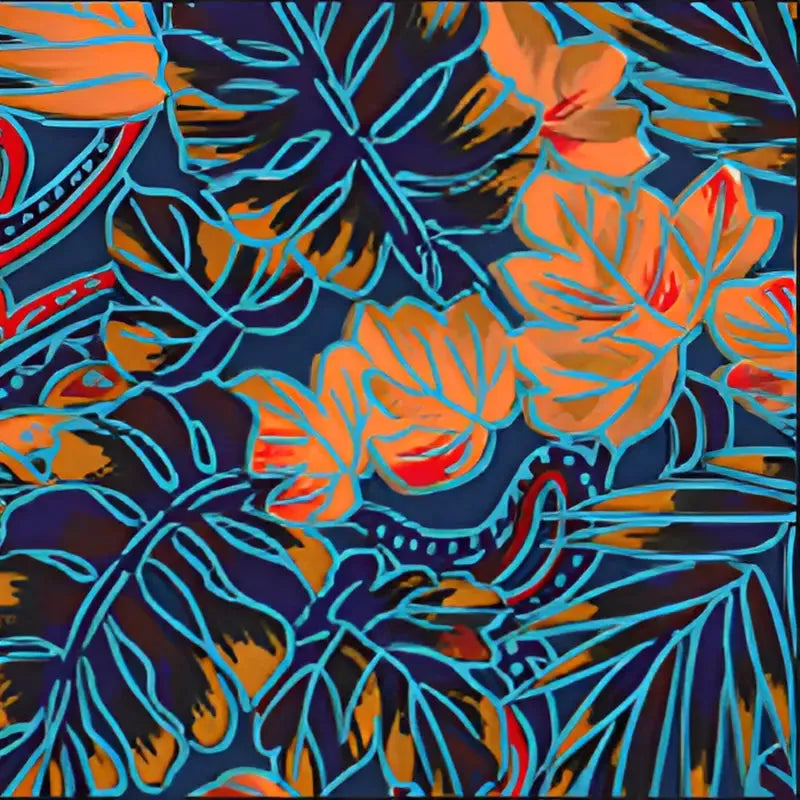 Vibrant Japanese Chiyogami leaf pattern print in orange and blue on dark background