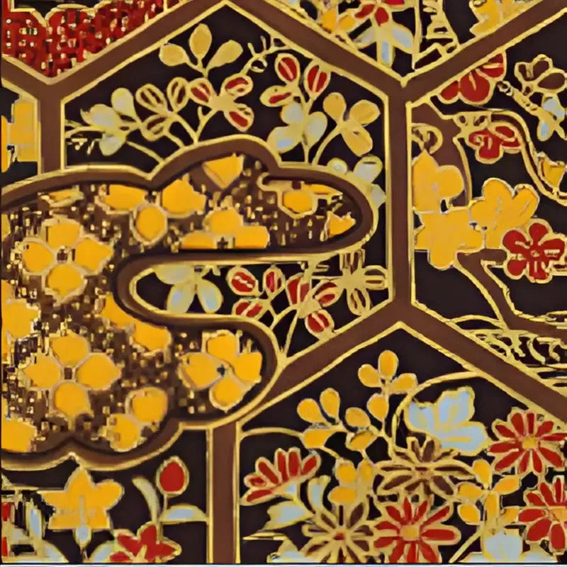 Intricate Japanese Chiyogami floral pattern with vibrant colors on dark background