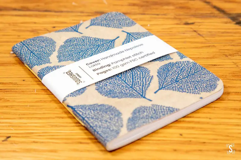 Pocket Notebook - Leaves Blue/Brown - Forest Navy/Yellow - A6 - Notebook