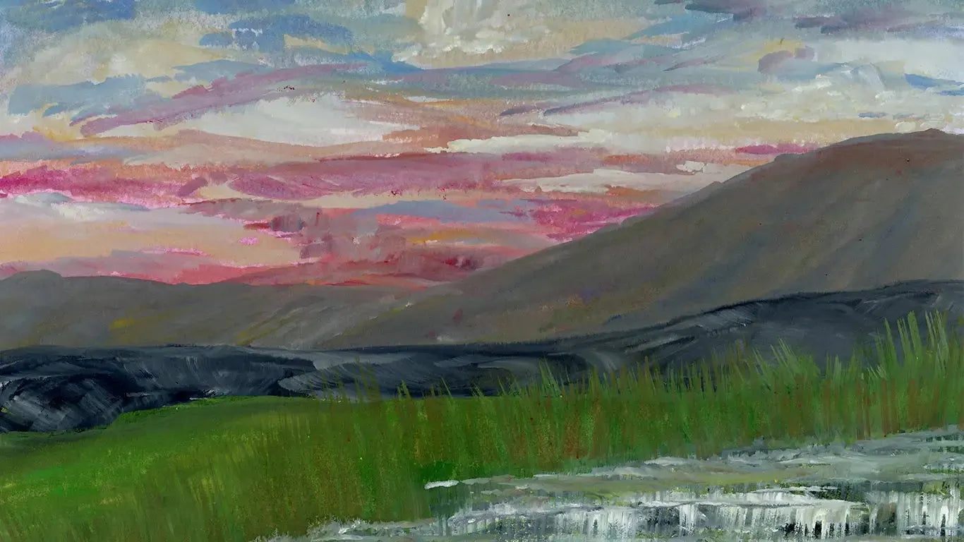 Landscape painting featuring rolling hills and a colorful sky at sunset.