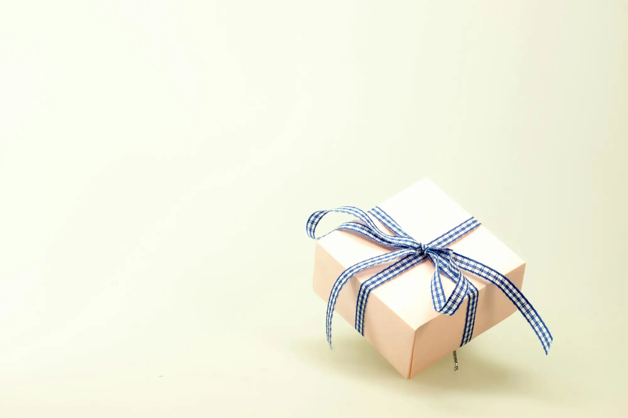 Gift box wrapped in light-colored paper with a blue and white checkered ribbon bow.