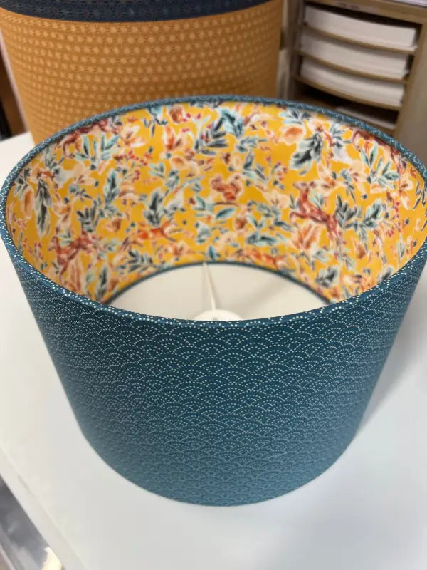 Double-Sided Drum Lampshade - 30cm - Waves/Into The Wild - Navy/Yellow - SQUUSHED