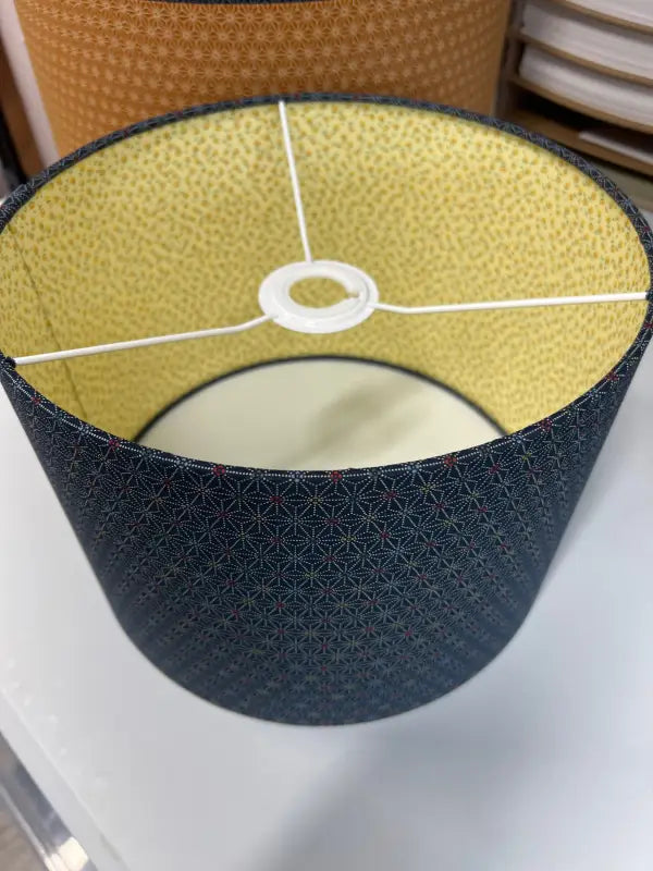 Double-Sided Drum Lampshade - 30cm - Geometric Star/Dainty Flowers - Navy/Yellow - SQUUSHED