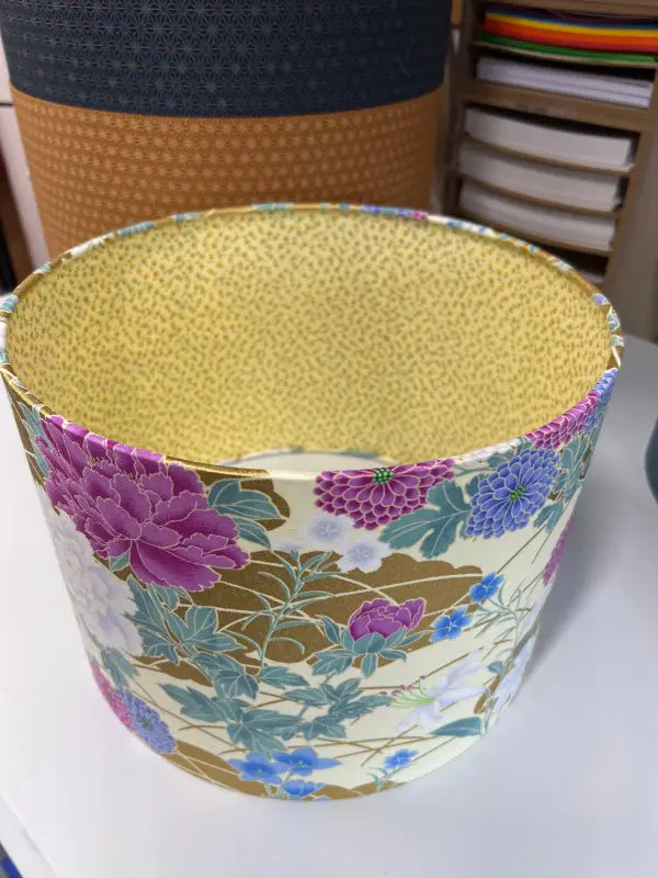 Double-Sided Drum Lampshade - 30cm - Naka Blossoms/Dainty Flowers - Yellow/Pink/Gold - SQUUSHED