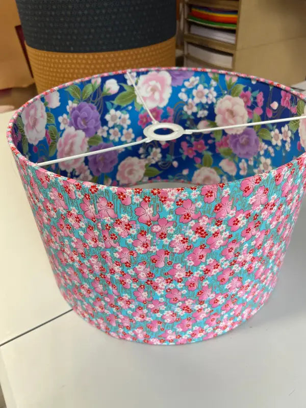 Double-Sided Drum Lampshade - 40cm - Sakura/Naka Blossoms - Pink/Blue/White - SQUUSHED