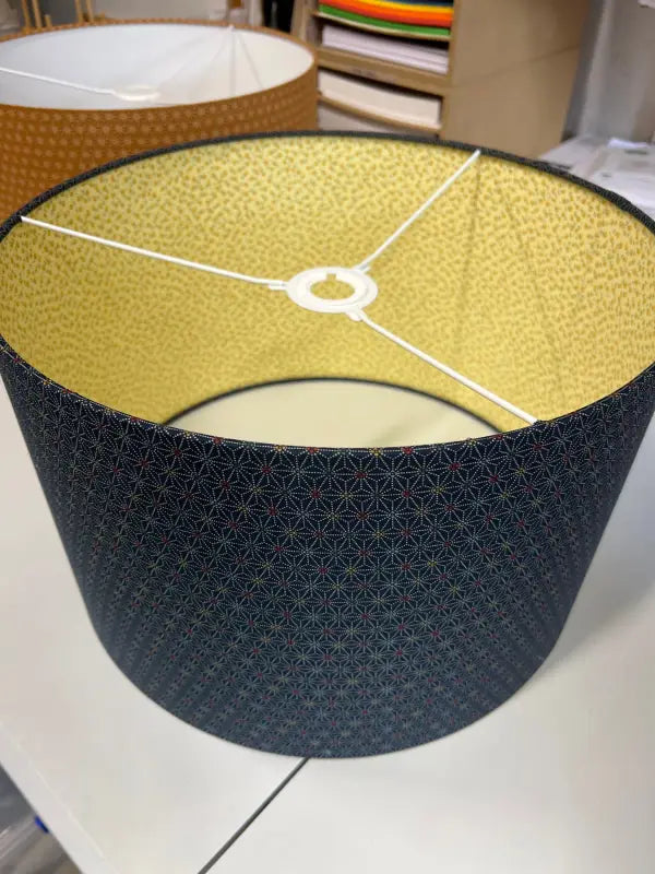 Double-Sided Drum Lampshade - 40cm - Geometric Star/Dainty Flowers - Navy/Yellow - SQUUSHED