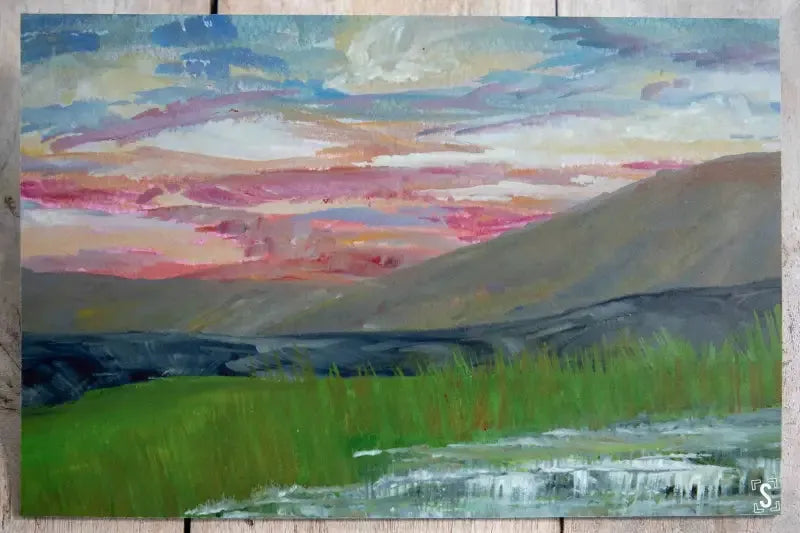 Hand painted gouache of a sunset over a mountain on an Aluminium Print with a pink sky