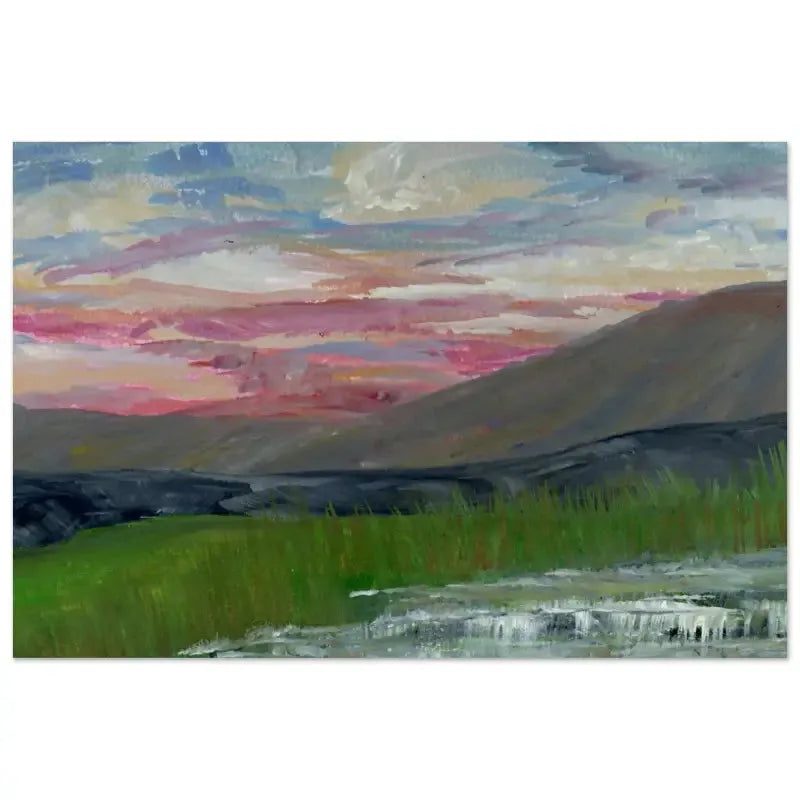 Hand painted gouache of a mountain scene under a pink sky on aluminium print