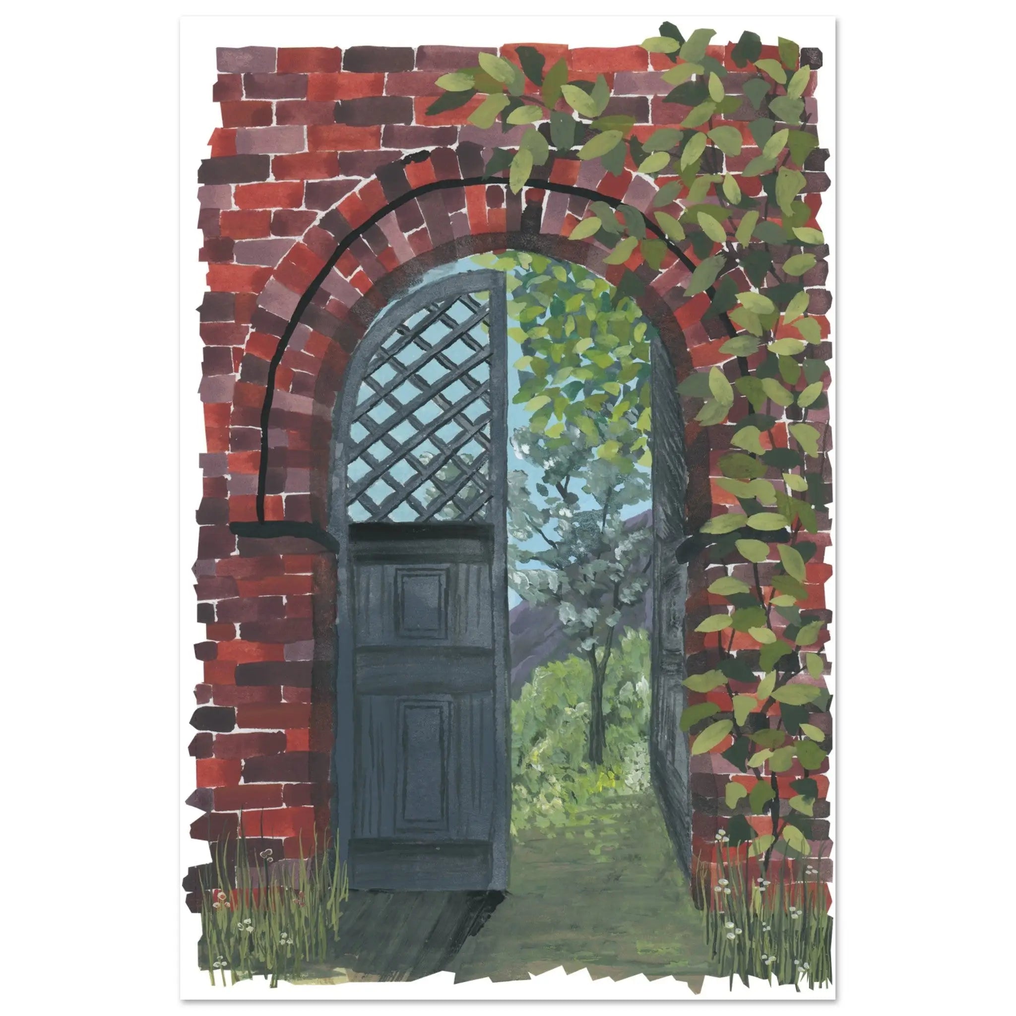 High-quality Aluminium Print showcasing a painting of an open door with a green vine growing out of it - ensure premium materials