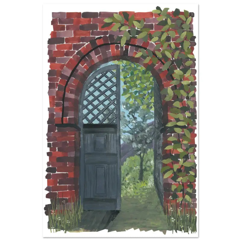 Aluminium print of an open door surrounded by vines, showcasing high-quality materials