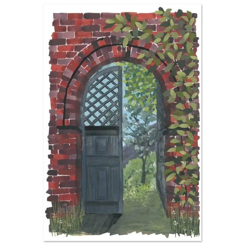 Painting of an open door surrounded by vines showcased in high-quality Aluminium Print