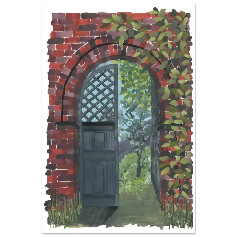 Aluminium Print of a door surrounded by vines, made with high-quality materials