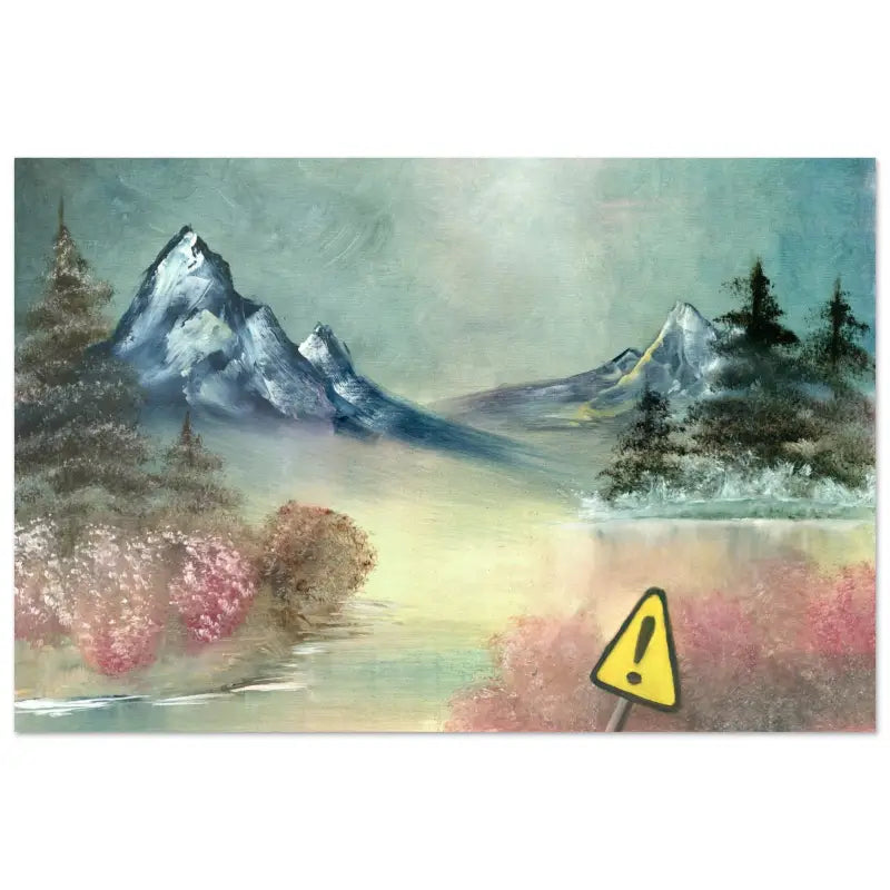 Aluminum Print featuring striking visuals of mountains, trees, and a yellow triangle, hanging kit included