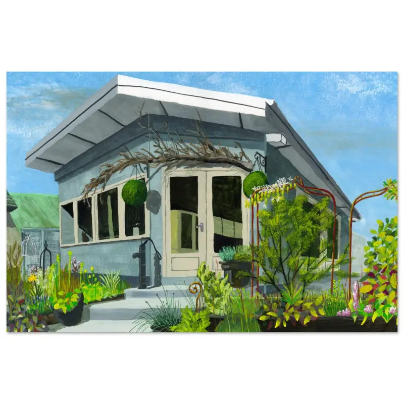 Painting of a house with a garden on Aluminum Print for a stylish Garden Room décor