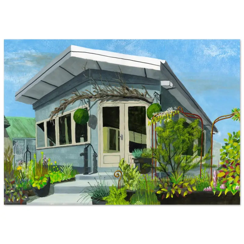 Painting of a house with a garden featured in Aluminum Print for a stylish garden room