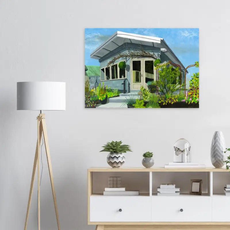 Painting of a house in a tropical garden for a beautiful Garden Room aluminum print