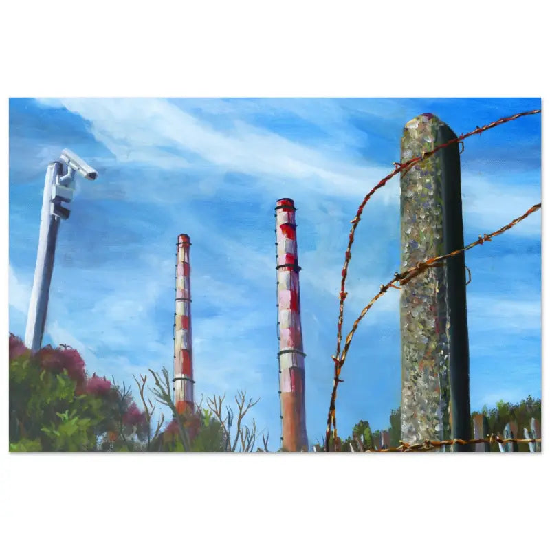 Hand designed aluminum print of a lighthouse and pole surrounded by towers