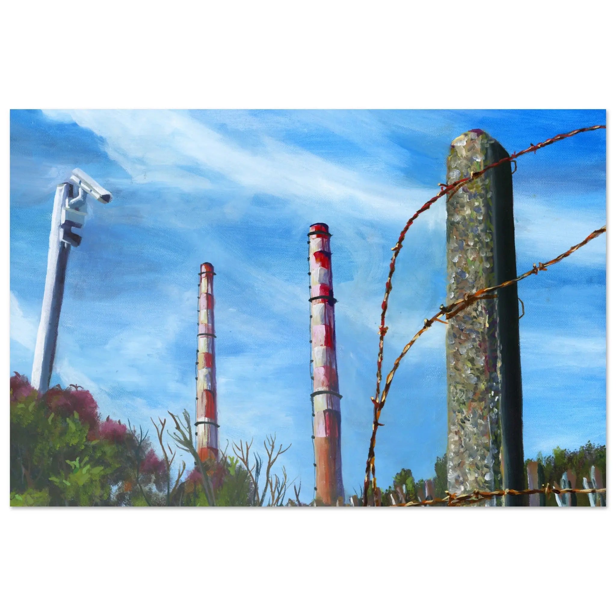 Aluminum print of lighthouse and pole towers