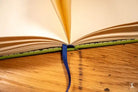 Open book with blue ribbon bookmark for Bookbinding Workshop on February 23 2025