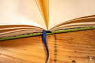 Open book with fanned pages and blue ribbon bookmark from Bookbinding Workshop Case Bound