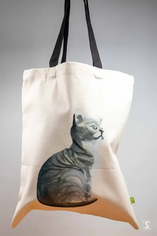 Cat Tote - Organic Cotton - Black Handles - 38cm x 42cm - Bag
