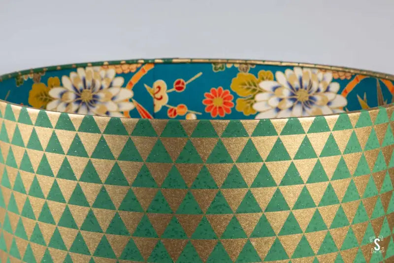 Double-Sided Drum Lampshade - 30cm - Triangles - Flowers - Green/Gold - Lampshade