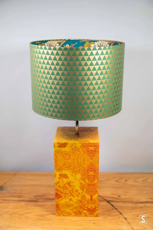 Double-Sided Drum Lampshade - 30cm - Triangles - Flowers - Green/Gold - Lampshade