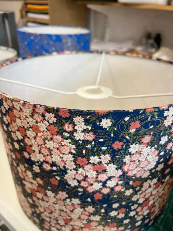 Drum Lampshade - 30cm - Flowing Water and Cherry Blossoms - Navy/Pink - SQUUSHED