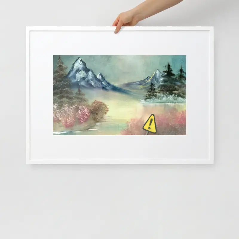 Hand holding a vibrant yellow framed poster of a mountain landscape on matte paper