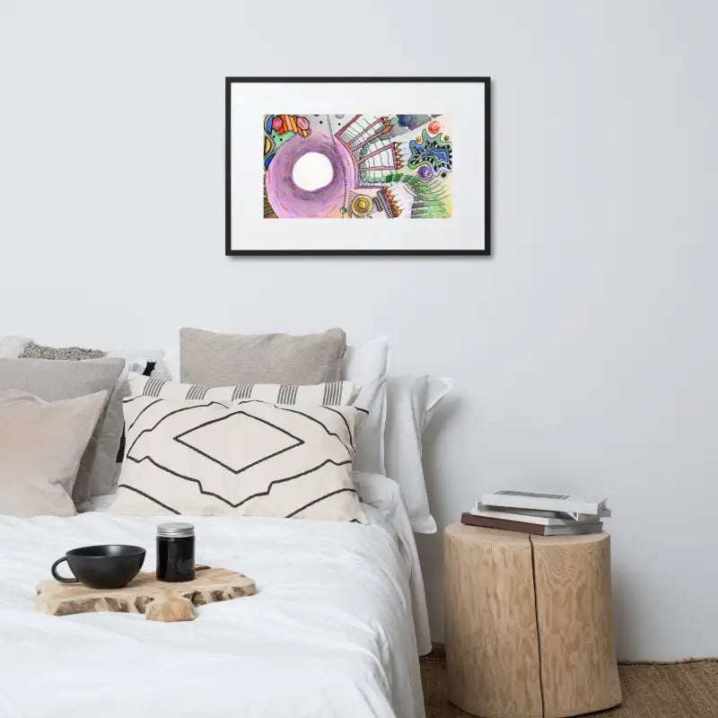 Framed Poster Dreamscape on a bed with white comforter and pillow featuring ayous wood frame