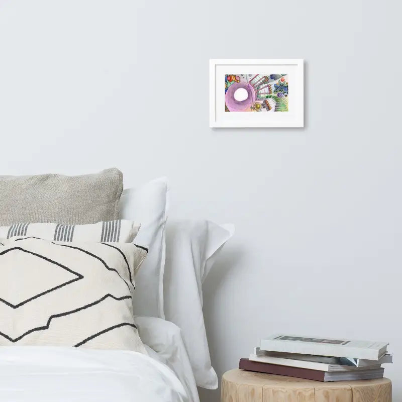 Framed Poster Dreamscape on ayous paper with white bed and pillow