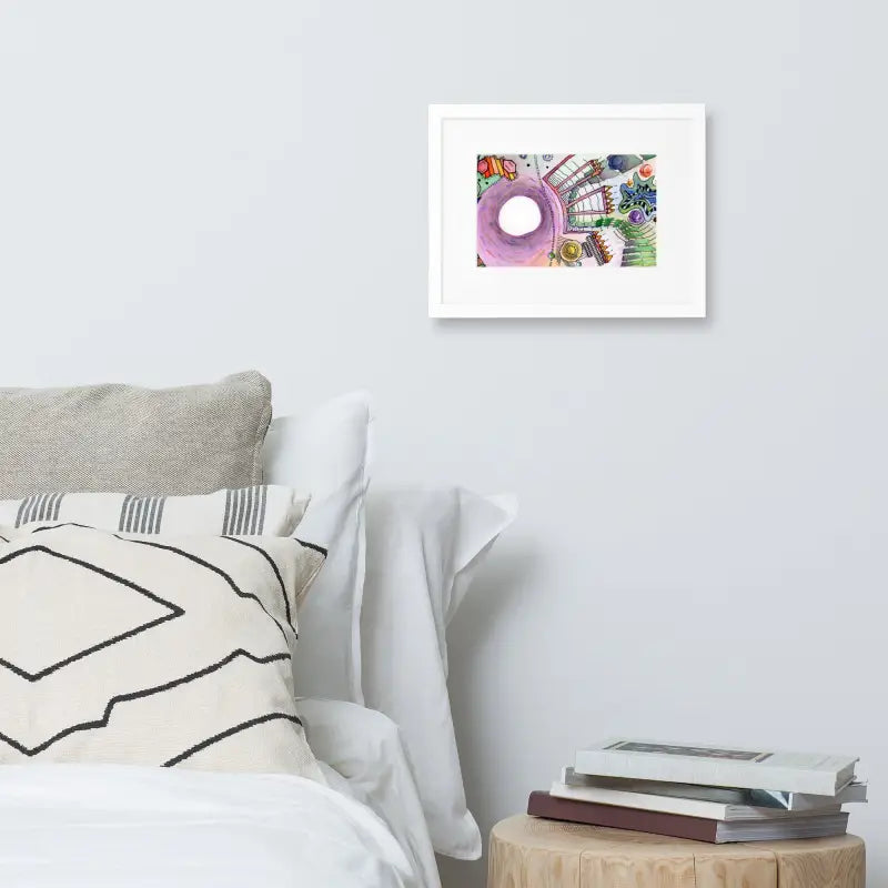 Framed Poster Dreamscape featuring a bed and clock, printed on matte paper with ayous wood frame