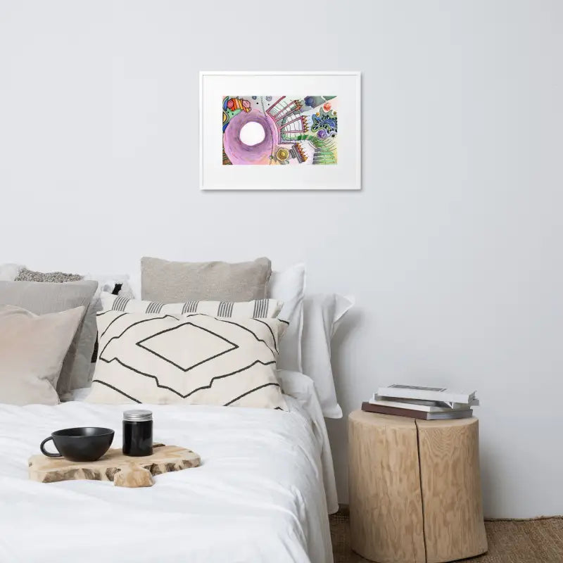 Framed Poster Dreamscape featuring a bed with a white comforter on matte paper