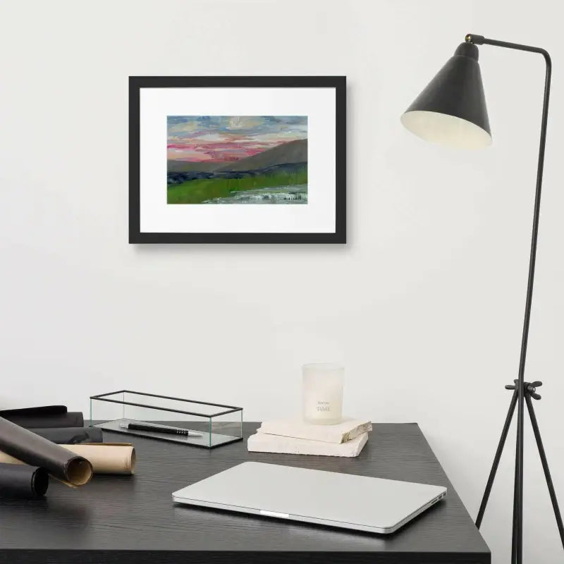 Framed Poster featuring a Pink Sky Landscape above a desk enhancing room decor