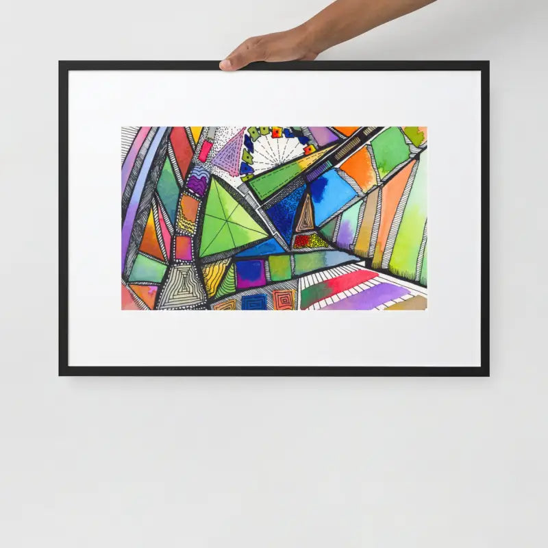 Framed Poster showcasing a colorful abstract painting on matte paper, hand designed